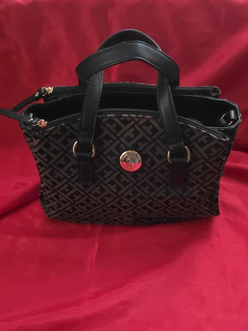 Tommy Hilfiger Black and Gray Monogram Satchel with Gold Accent